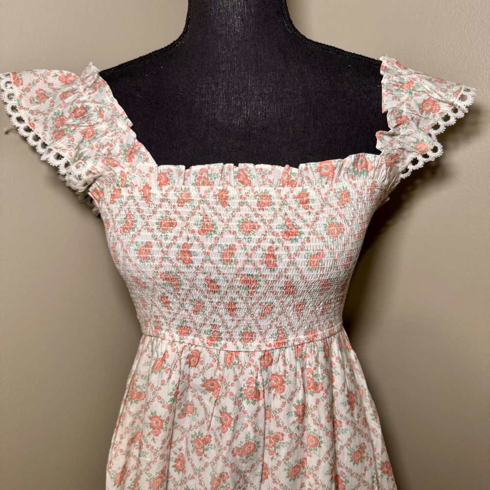 Blu Pepper Womens Floral Smocked Mini Dress Flutter Sleeve Lace Trim S